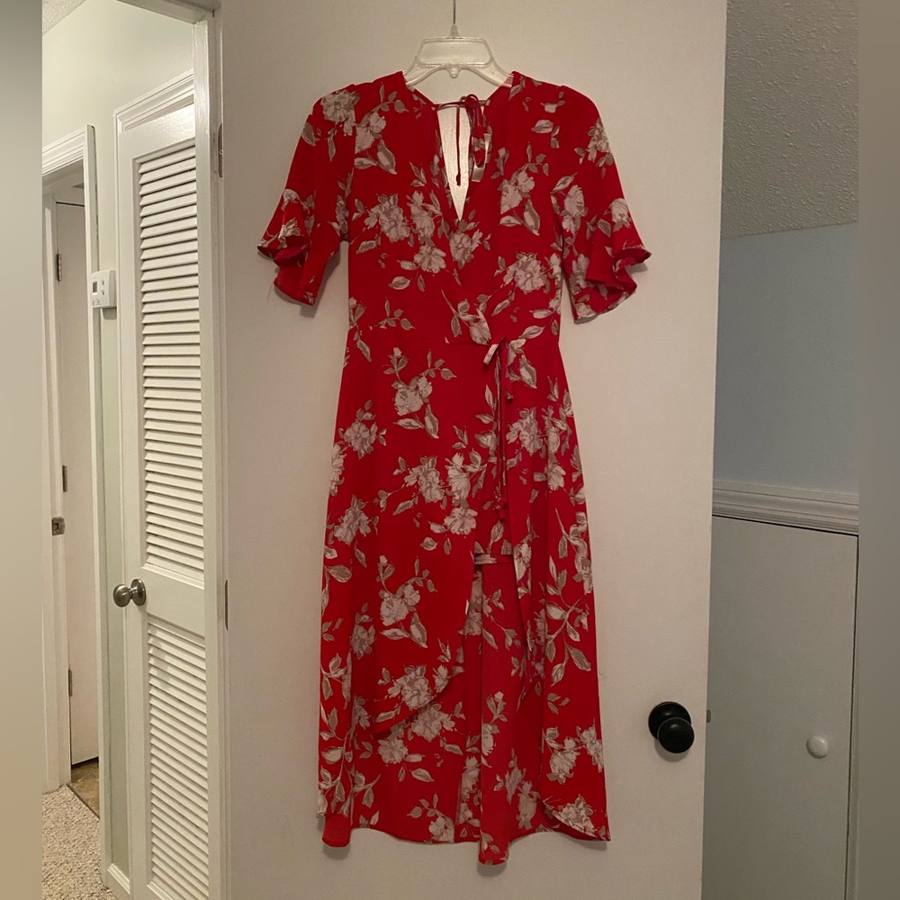 Row A Faux Wrap Midi High Low Dress with Romper